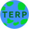PlanetTerp's logo. The logo is a circle with a blue background and light green blots appearing on it. The word 'TERP' is in dark green in the middle.
