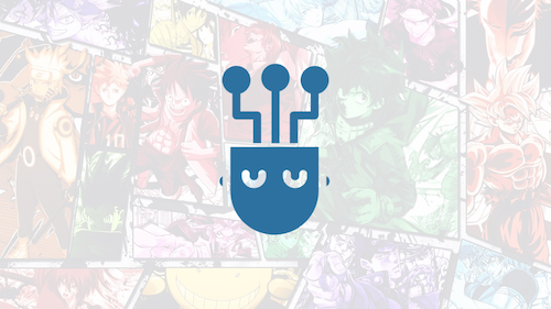 A blue face with three lines coming out of the top. The background is anime characters, such as Naurto and Midoriya.